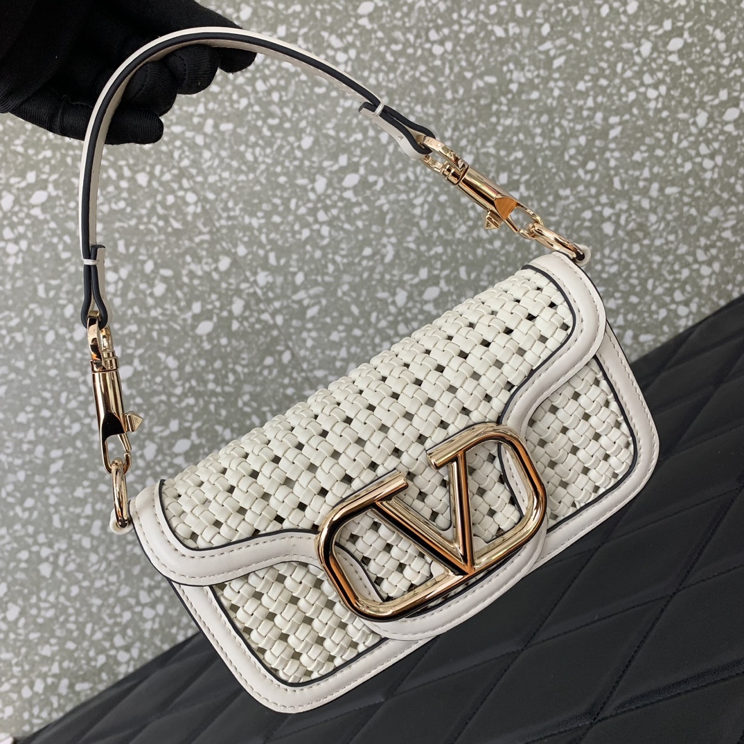 Valentino Garavani Loco Small Shoulder Bag in Ivory Metallic Woven Leather 